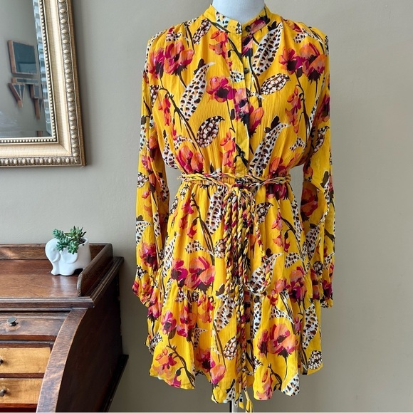 A.L.C. Yellow Floral Silk Jen Mini Dress Long Sleeve Belted Shirtdress Size XS S - Picture 4 of 16